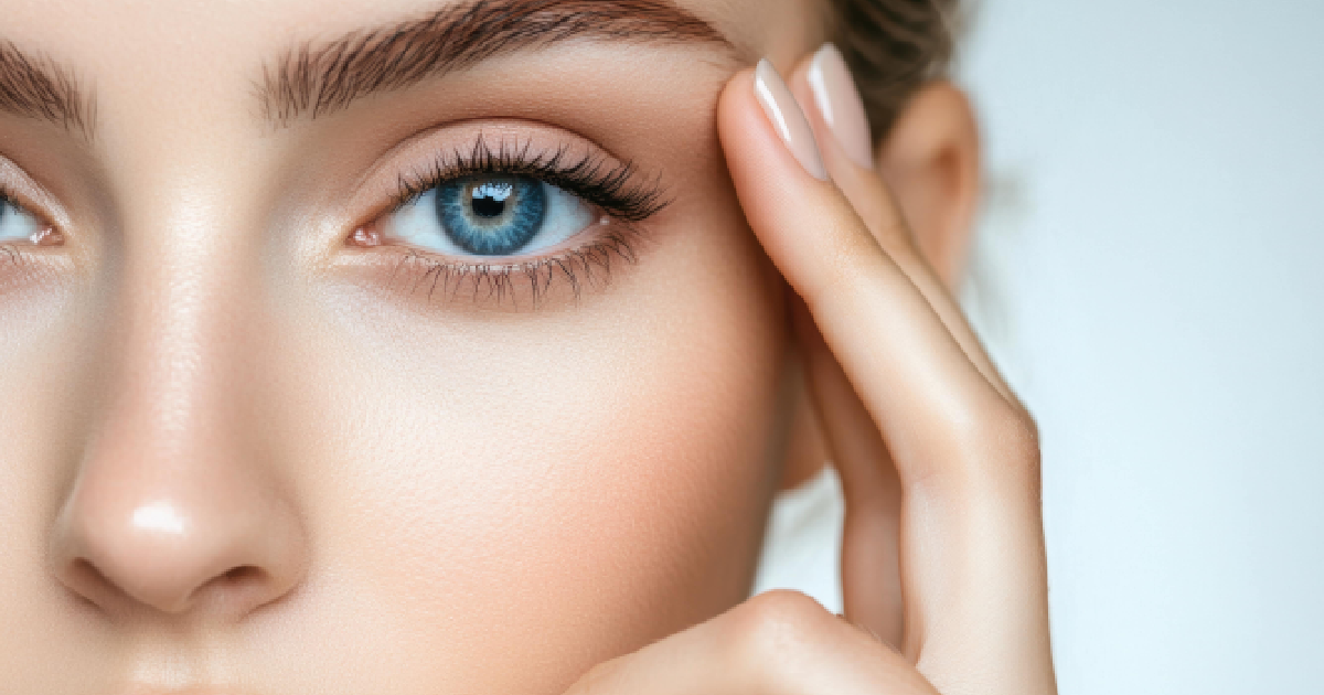 Close-up of blue eyes with smooth skin, gentle touch, and signs of Fibroblast Therapy in Lee’s Summit , MO