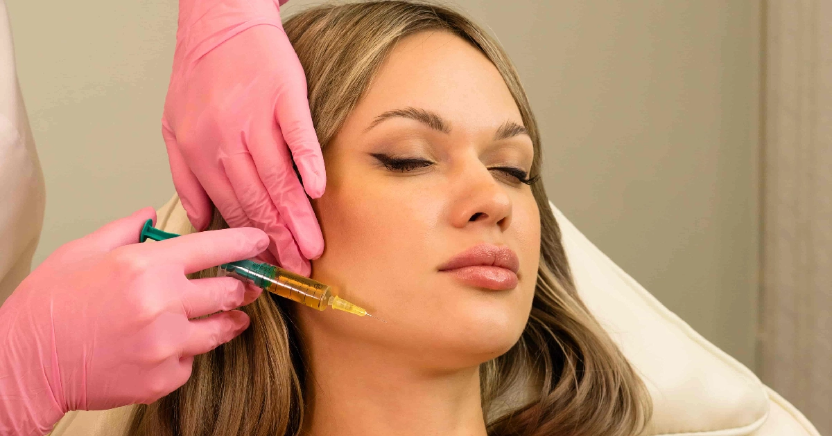 Woman receiving PRP injection in her cheek by a medical professional wearing pink gloves in a clinic setting in Parkville, MO